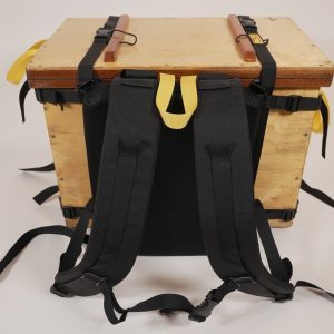 Wanigan Harness on wooden wanigan, using just shoulder straps