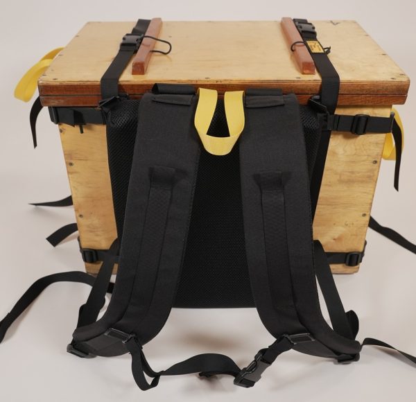 Wanigan Harness on wooden wanigan, using just shoulder straps